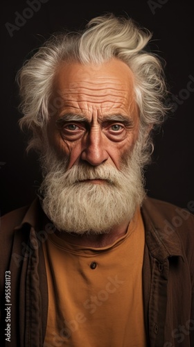 Brown background sad european white man grandfather realistic person portrait older person beautiful bad mood old man Isolated on Background 