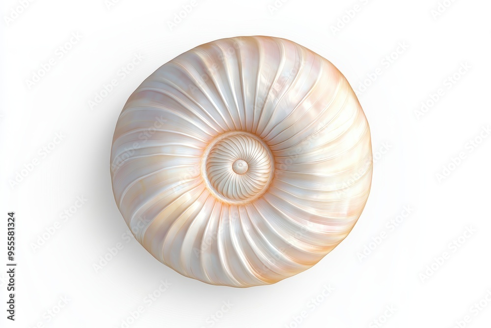 Detailed close-up of a beautifully spiraled seashell resting on a light background, highlighting its intricate patterns Detailed close-up of a beautifully spiraled seashell resting on a light background, highlighting its intricate patterns