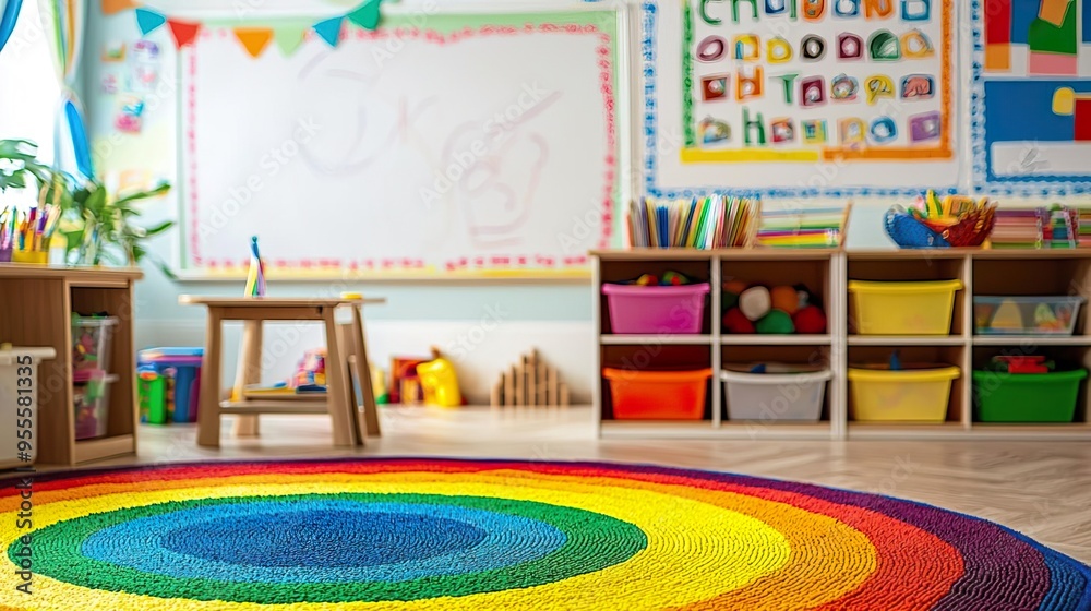 Colorful classroom with a vibrant rainbow rug, bright storage, and playful educational decor for engaging child learning.
