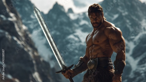 Heroic Fantasy Character M Wielding Gleaming Sword with Determined Expression and Imposing Physique
