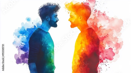 Abstract portrait of two men facing each other with colorful watercolor splashes, symbolizing connection and creativity.