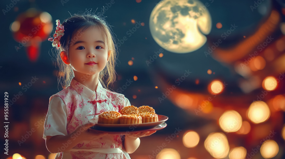 Naklejka premium a little asian girl holding plate of mooncakes with chinese temple and moon in background, china, beijing, mid autumn festival, september 17, reunification day, child, portrait, food, treat, meal
