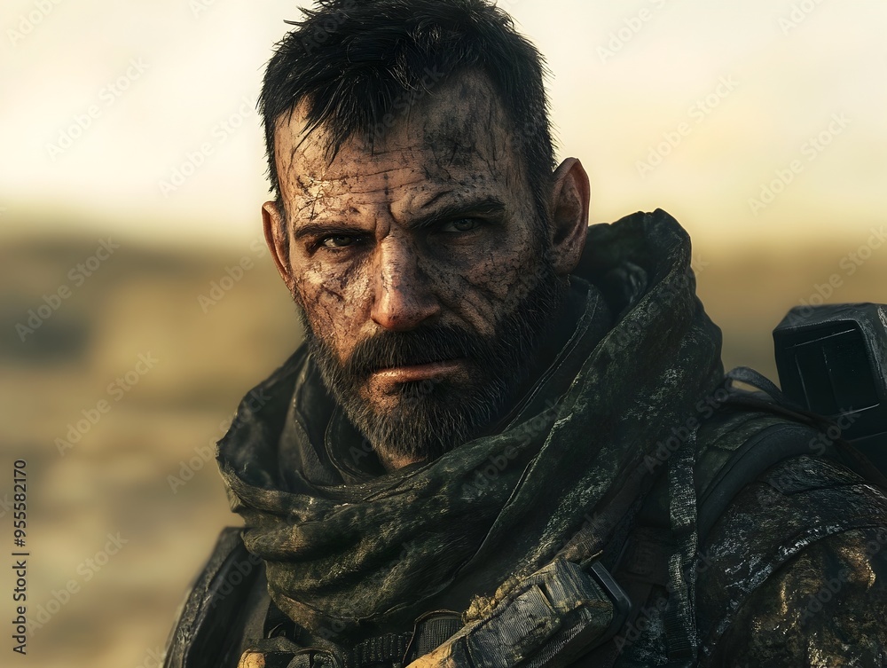 Rugged Survivalist Traversing Desolate Post Apocalyptic Wasteland with Scavenged Utilitarian Gear Rugged Survivalist Traversing Desolate Post Apocalyptic Wasteland with Scavenged Utilitarian Gear