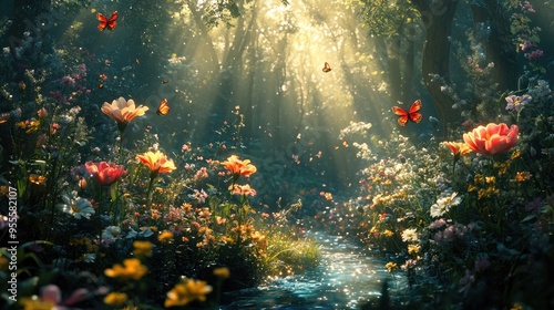 A whimsical forest scene with oversized flowers, sparkling streams, and butterflies fluttering in the soft, warm light. photo