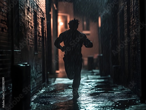 Fugitive Character s Desperate Sprint Through Shadowy Alleyways Amid Cinematic Chiaroscuro Lighting