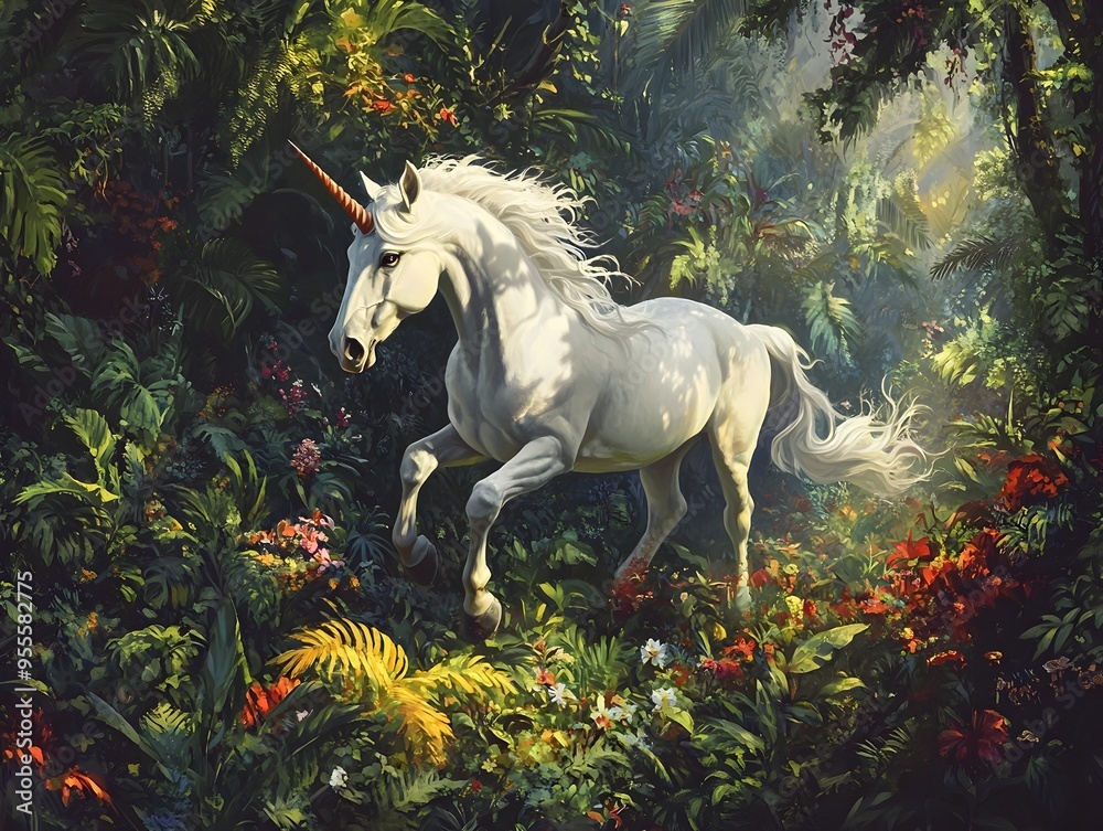 Majestic Unicorn Galloping Through Enchanted Forest with Glowing Horn Amid Lush Vibrant Foliage Majestic Unicorn Galloping Through Enchanted Forest with Glowing Horn Amid Lush Vibrant Foliage