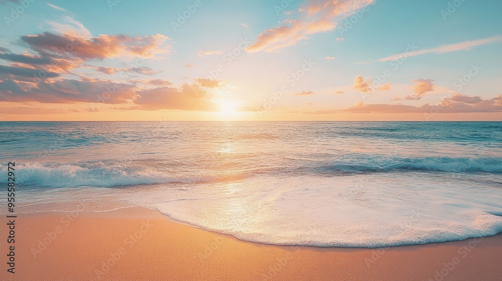 A wide, sandy beach at sunrise, with gentle waves lapping at the shore and a colorful sky overhead. A wide, sandy beach at sunrise, with gentle waves lapping at the shore and a colorful sky overhead.