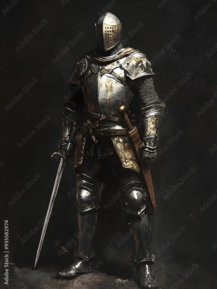 Weathered and Battle Hardened Medieval Knight Standing Tall in Shining Armor with Commanding Weathered and Battle Hardened Medieval Knight Standing Tall in Shining Armor with Commanding