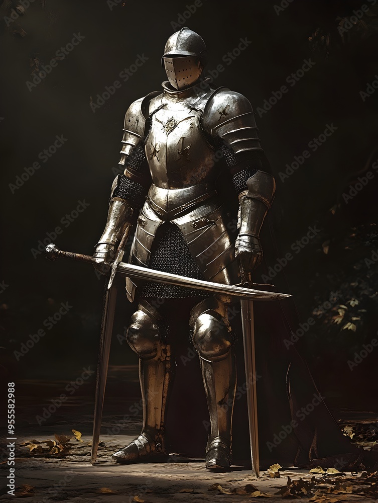 Naklejka premium Weathered Medieval Knight in Shining Armor Standing Tall with Stoic Presence and Commanding Aura