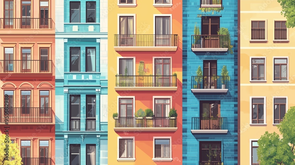 Fototapeta premium Colorful apartment buildings lined together in an urban setting showcasing diverse architectural styles during midday sunlight