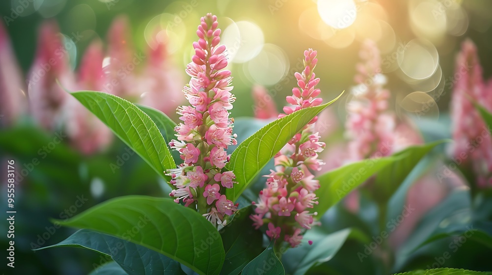Pink flowers in bloom, with green leaves and a soft blurred background. Pink flowers in bloom, with green leaves and a soft blurred background.