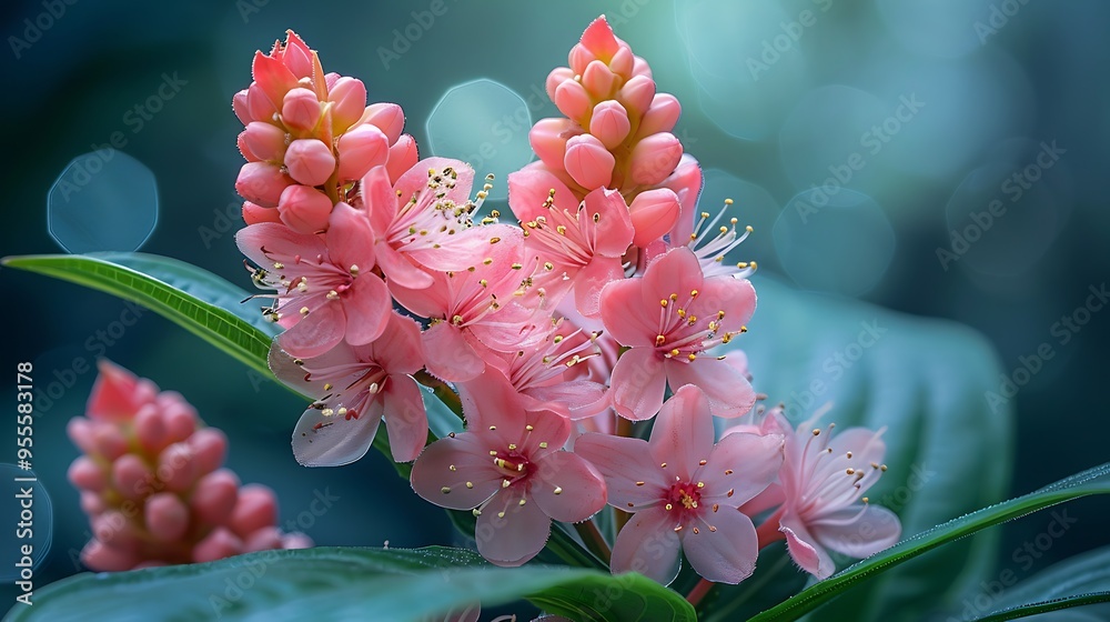 Obraz premium A cluster of delicate pink flowers with yellow centers bloom against a soft green and blue background.