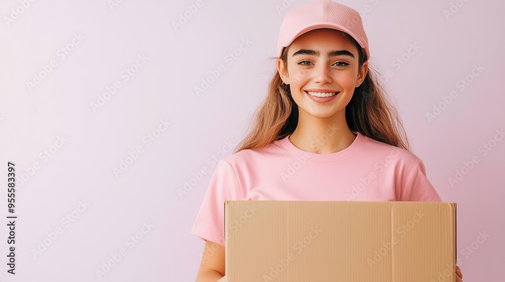 A cheerful woman in a pink outfit holds a cardboard box against a pastel background, embodying positivity and excitement. A cheerful woman in a pink outfit holds a cardboard box against a pastel background, embodying positivity and excitement.