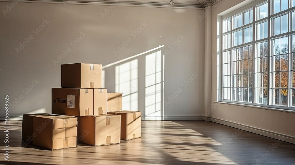 A stack of cardboard boxes in a bright, empty room with large windows casting soft shadows on the floor. A stack of cardboard boxes in a bright, empty room with large windows casting soft shadows on the floor.