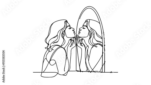 girl kissing reflection of herself on a mirror line art illustration