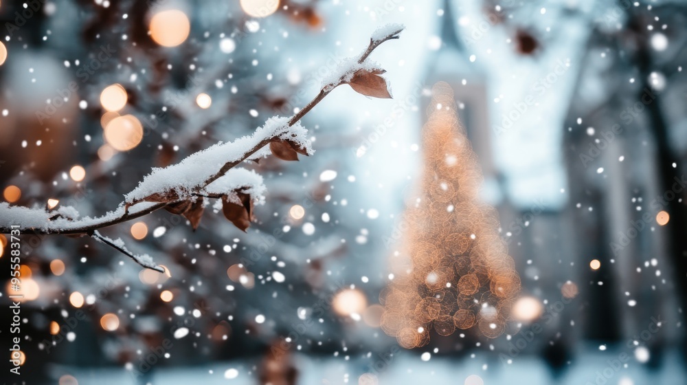 A snow-covered branch with leaves, set against a blurry background of Christmas lights, creating a winter scene full of festive warmth and serene beauty. A snow-covered branch with leaves, set against a blurry background of Christmas lights, creating a winter scene full of festive warmth and serene beauty.