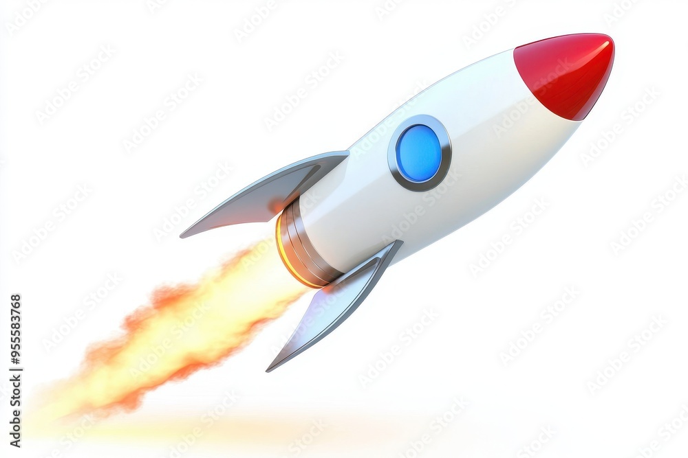 A cartoon rocket with a red tip and blue circle launching into the sky, leaving a trail of flames behind A cartoon rocket with a red tip and blue circle launching into the sky, leaving a trail of flames behind
