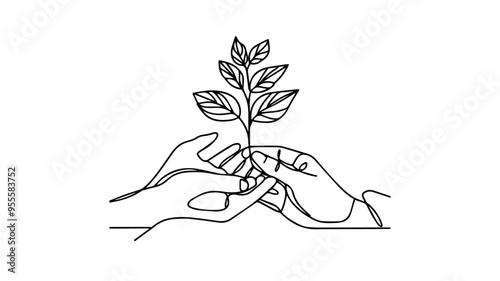 hands handling plant one line art illustration