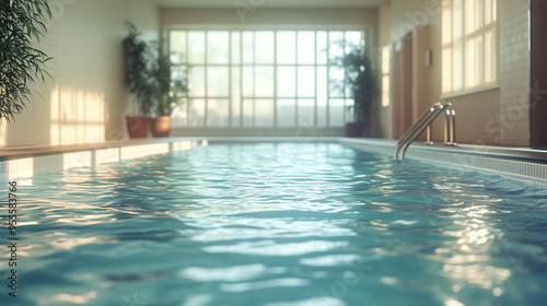 Tranquil atmosphere in an indoor swimming pool with sunlight streaming through large windows