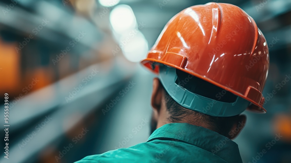 A worker wearing an orange hard hat is captured from behind, facing towards the blurred industrial background, signifying focus and dedication in the workplace.