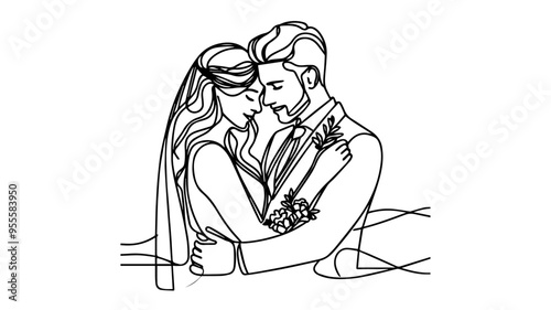 Husband and wife wedding day line art vector
