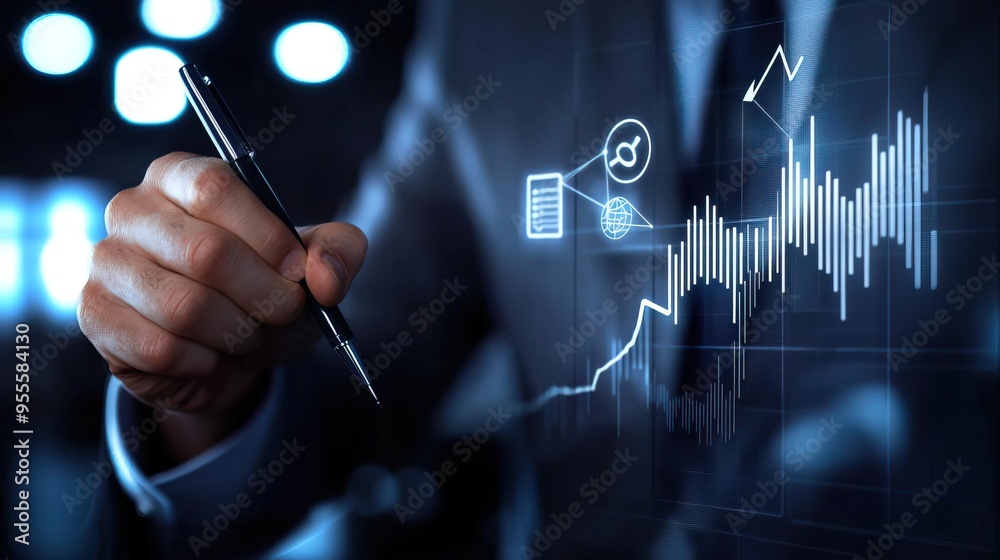 A businessman analyzes financial data with a digital graph, showcasing trends and insights for strategic decision-making. A businessman analyzes financial data with a digital graph, showcasing trends and insights for strategic decision-making.