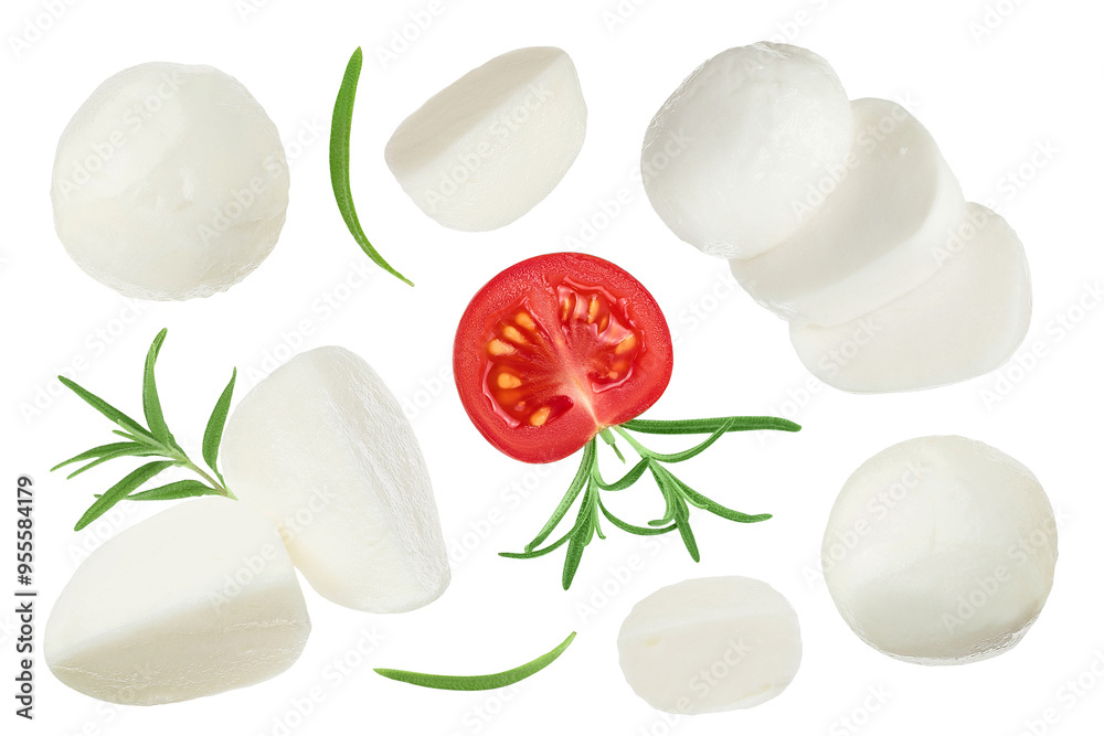 Mini mozzarella balls with rosemary and tomato isolated on white background. Top view. Flat lay. Mini mozzarella balls with rosemary and tomato isolated on white background. Top view. Flat lay.