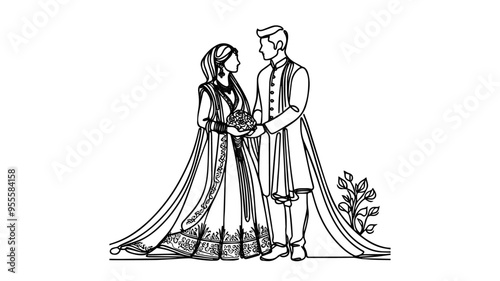 Indian bride and groom wedding romance line art vector