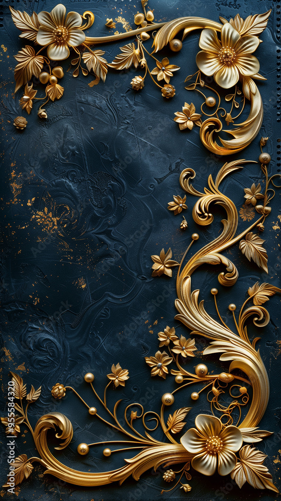A gold leafed frame with flowers and pearls. The frame is ornate and elegant A gold leafed frame with flowers and pearls. The frame is ornate and elegant