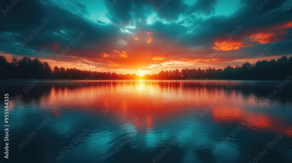 A wide-angle view of a lake at sunset, with the sky ablaze in warm hues and the water reflecting the colors, providing a picturesque scene with space for text. A wide-angle view of a lake at sunset, with the sky ablaze in warm hues and the water reflecting the colors, providing a picturesque scene with space for text.