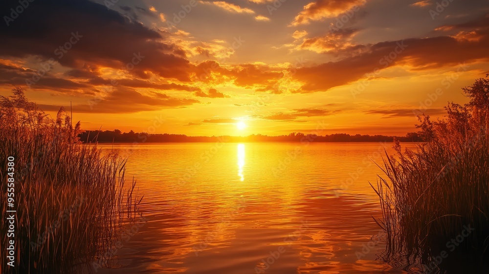A wide-angle view of a lake at sunset, with the sky ablaze in warm hues and the water reflecting the colors, providing a picturesque scene with space for text. A wide-angle view of a lake at sunset, with the sky ablaze in warm hues and the water reflecting the colors, providing a picturesque scene with space for text.