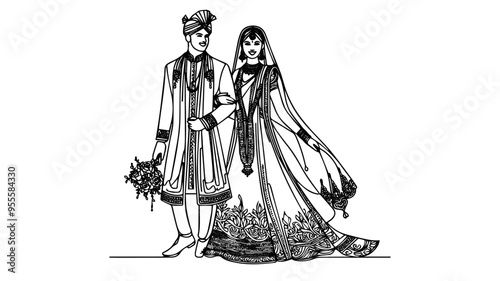 Indian bride and groom in traditional outfits line art drawing