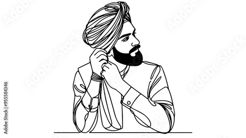 young Indian man adjusting turban line art vector