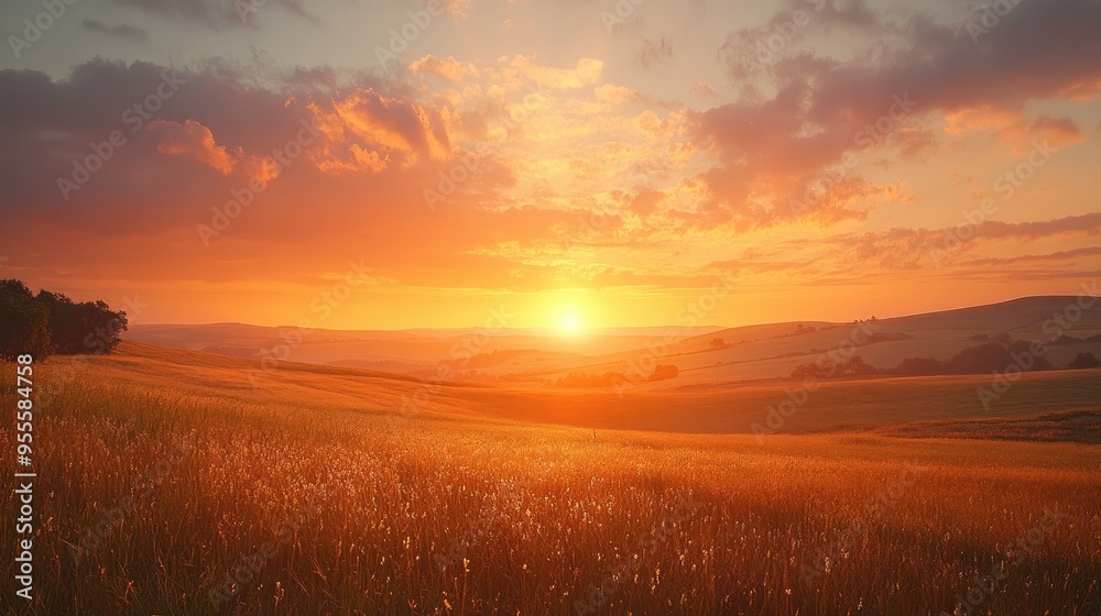 A wide-angle view of a sunrise over rolling hills, with the sky filled with soft pinks and oranges and the landscape bathed in golden light. A wide-angle view of a sunrise over rolling hills, with the sky filled with soft pinks and oranges and the landscape bathed in golden light.