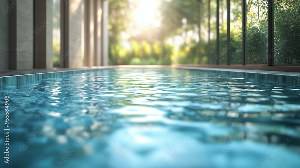 Modern architectural setting with large windows offering a view of a sunlit swimming pool and lush greenery Modern architectural setting with large windows offering a view of a sunlit swimming pool and lush greenery