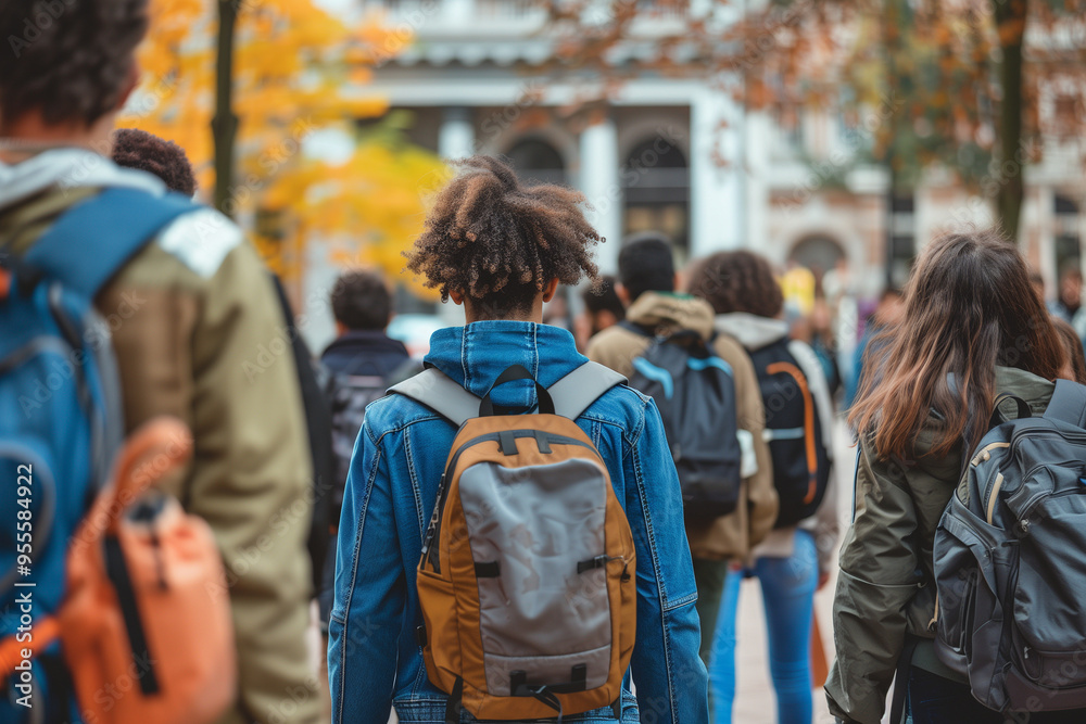 Bunch of students with backpacks going to classes. Copy space, background. Bunch of students with backpacks going to classes. Copy space, background.