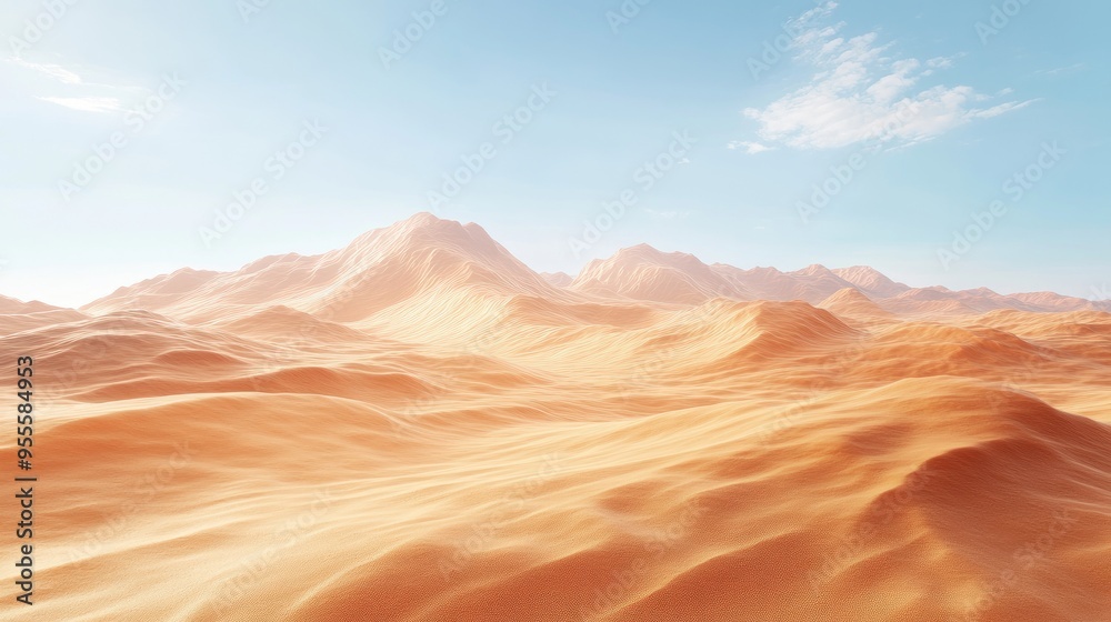Naklejka premium A wide-angle view of a windswept desert landscape, with sand dunes and a clear sky, perfect for adventure or nature-themed designs with ample copy space.