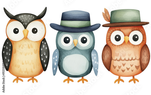 Cute illustration of three owls in different hats. Perfect for children's books, educational materials, and decorative designs. photo