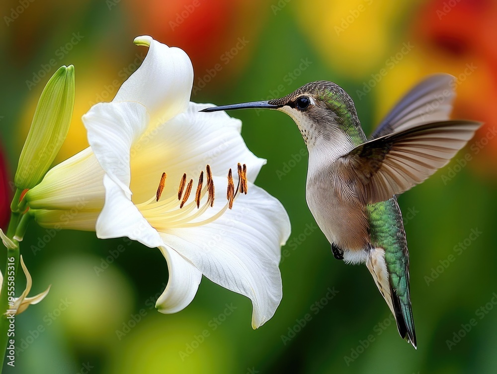 Fototapeta premium Little Daylily: Ruby Throated Hummingbird Inspecting Flower for Nectar in Backyard