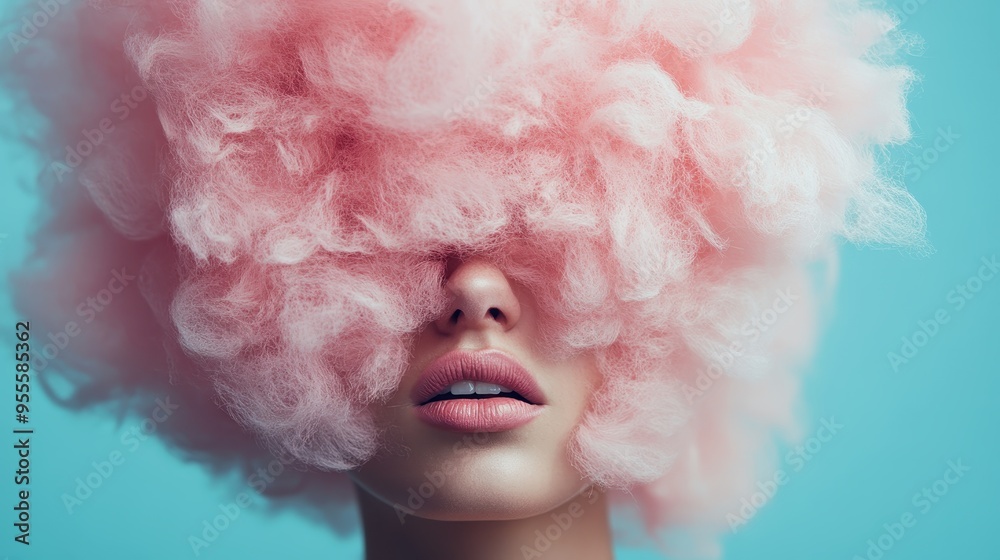 A creatively styled pink cotton candy-inspired wig worn by a model, blending whimsical fashion with playful artistry, set against a pastel blue background. A creatively styled pink cotton candy-inspired wig worn by a model, blending whimsical fashion with playful artistry, set against a pastel blue background.