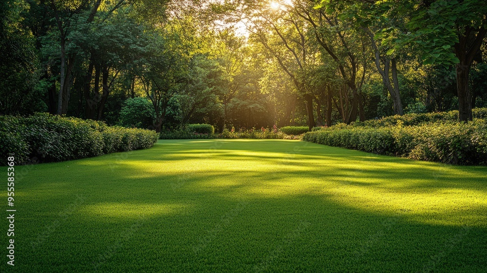 Fototapeta premium A wide-open green lawn in a park, bordered by trees and shrubs, with dappled sunlight filtering through the leaves.