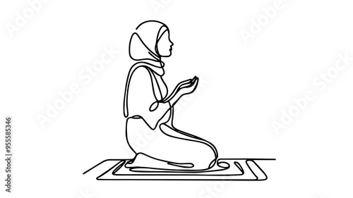 Muslim woman praying one line art drawing vector