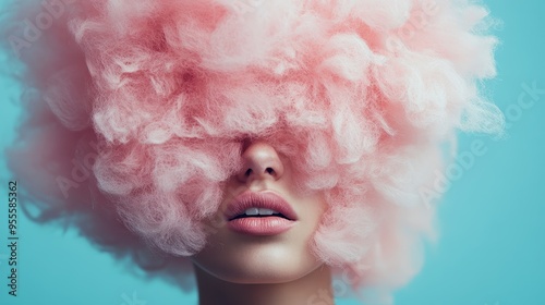 A creatively styled pink cotton candy-inspired wig worn by a model, blending whimsical fashion with playful artistry, set against a pastel blue background.