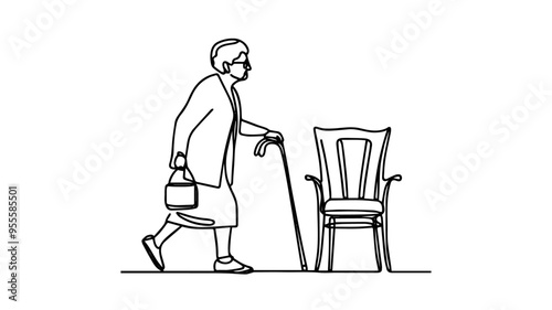 Old woman walking with a cane line art drawing