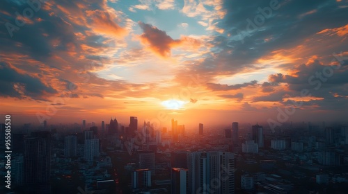 Breathtaking Aerial Panorama of Bangkok s Cinematic Skyline at Dramatic SunriseSunset photo