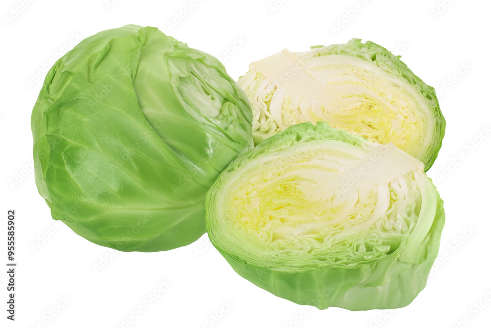 Green cabbage with half isolated on white background with full depth of field. Green cabbage with half isolated on white background with full depth of field.