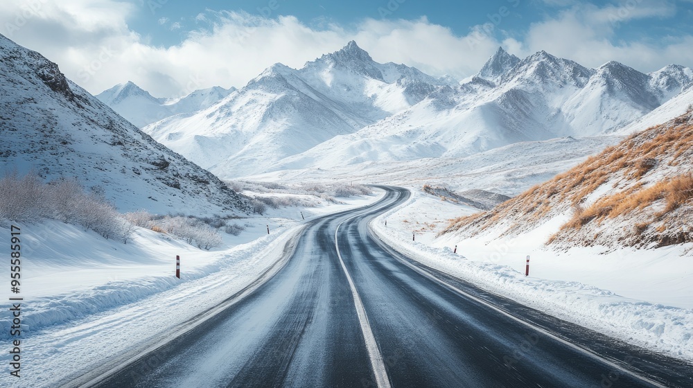 A winding road leading through a snowy mountain pass, framed by towering peaks, ideal for winter travel promotions. A winding road leading through a snowy mountain pass, framed by towering peaks, ideal for winter travel promotions.