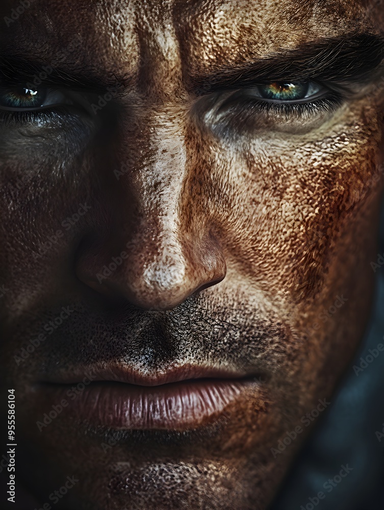 Obraz premium Resolute and Intense Close up Portrait with Dramatic Lighting and Cinematic Style