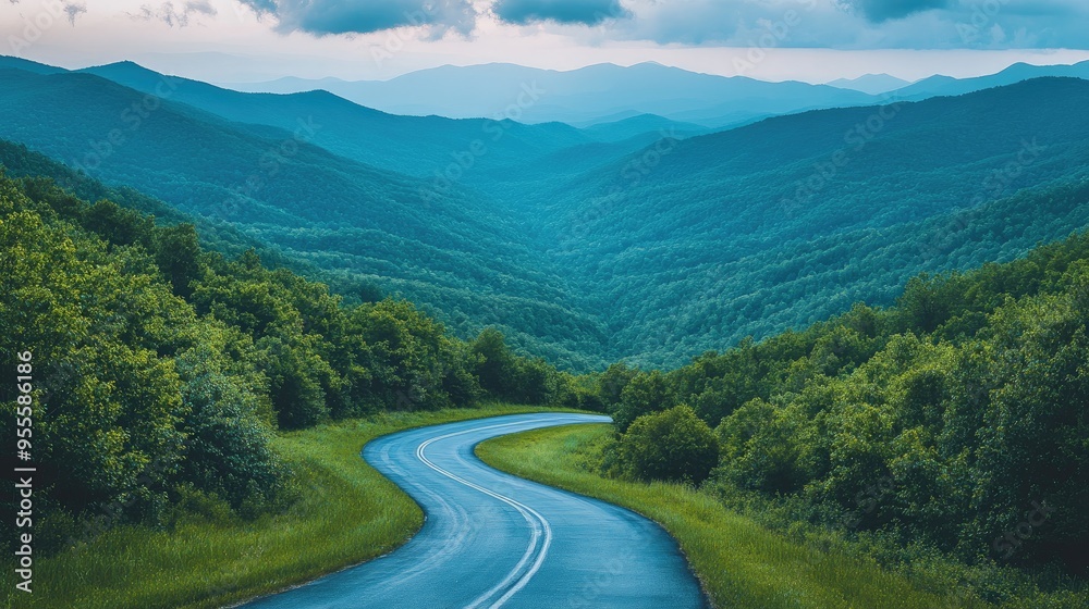 A winding road through the Blue Ridge Mountains, with lush green forests and distant peaks, perfect for travel or nature themes with ample room for messaging. A winding road through the Blue Ridge Mountains, with lush green forests and distant peaks, perfect for travel or nature themes with ample room for messaging.