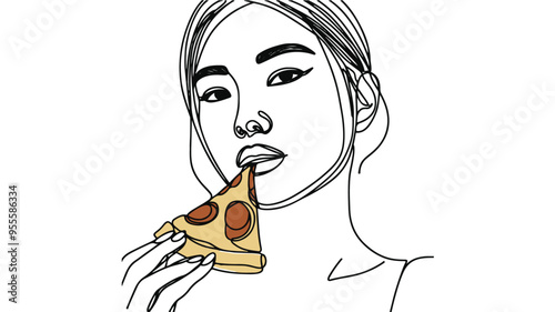 asian woman eating a cheesy pizza slice line art vector